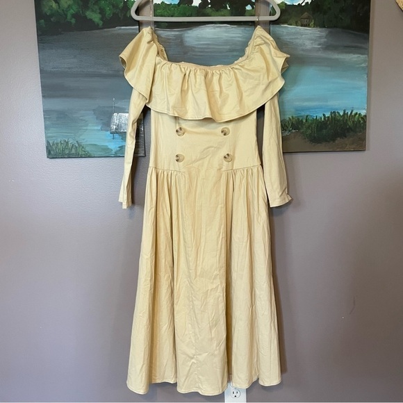 Cutely Covered Beige Long Sleeve Off Shoulder Midi Dress - Picture 3 of 14
